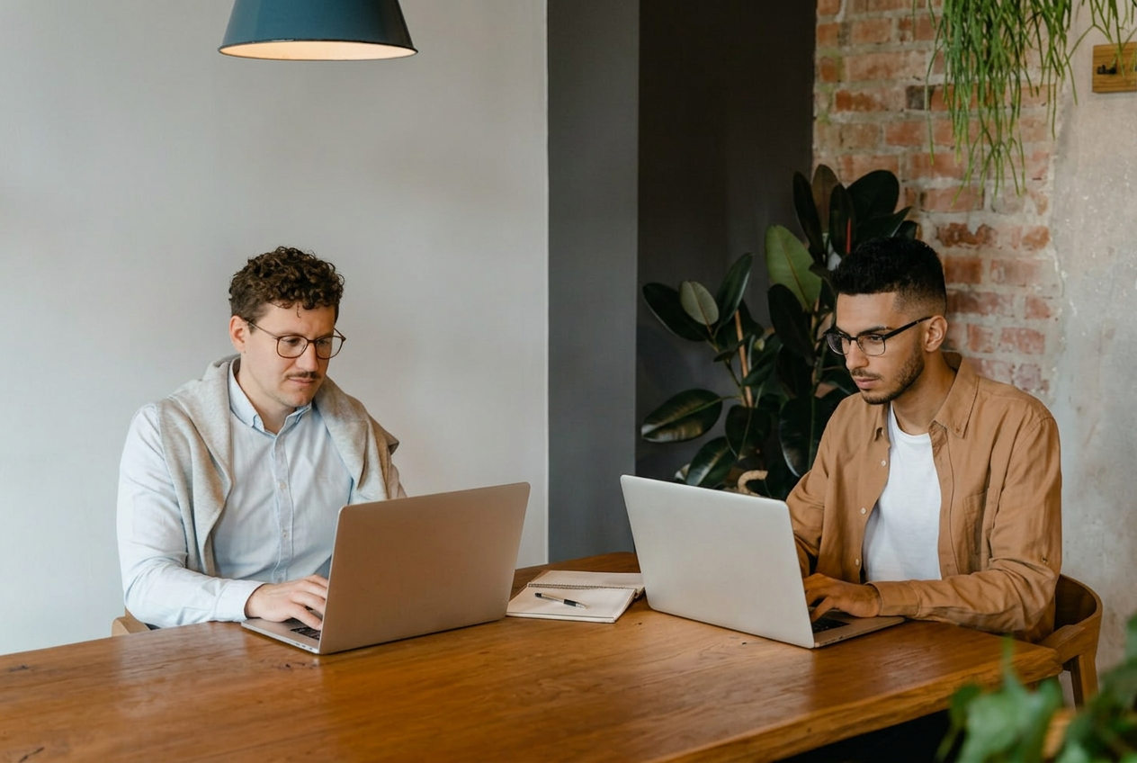 Twee professionals werken samen aan laptops in een moderne werkomgeving